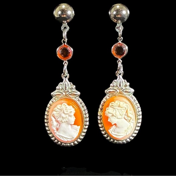 Jewelry - Silver and Orange tone Cameo style dangle Earrings